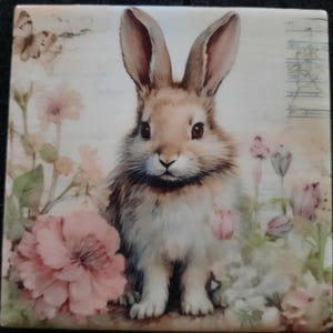 Bunny Coasters (Four 4" x 4" Ceramic Coasters) and Display Easel