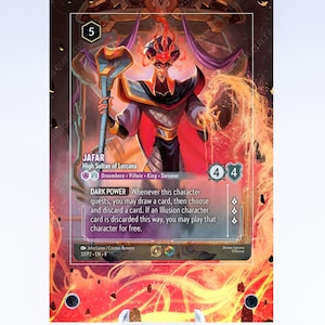 May include: A trading card featuring Jafar, High Sultan of Lorcana, with a fiery background. The card displays the number 5, character stats, and Dark Power text. The card is propped up on a clear stand.