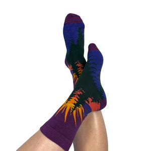 Sunset Mountain Socks - Colorful Forest Crew Socks - Adventure Hiking Socks - Unisex Cotton Socks for Outdoors, Camping & Nature Lovers Gift