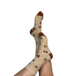 Cute Dog Socks - Beige Crew Socks for Dog Lovers - Pet Lover Gift - Cozy Cotton Socks with Puppy Faces Bones - Fun Socks for Dog Moms & Dads