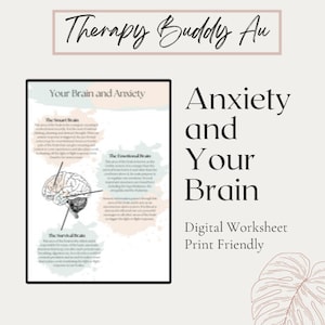 Puede incluir: Una hoja de trabajo imprimible titulada "Ansiedad y tu cerebro" con un diagrama del cerebro y texto que explica las diferentes partes del cerebro y sus funciones. La hoja de trabajo está diseñada para ayudar a las personas a comprender cómo la ansiedad afecta al cerebro.