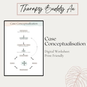 Może przedstawiać: Drukowana karta pracy do koncepcji przypadku w terapii. Karta pracy zawiera schemat z strzałkami i polami, a tekst "Koncepcja przypadku" w jasnoniebieskim polu.