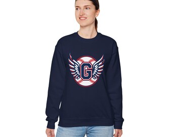 May include: A navy blue crewneck sweatshirt featuring a central graphic of a white baseball with red stitching. A large navy blue letter G with a white and red outline is centered on the ball, flanked by stylized white and red wings.