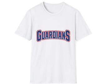 May include: A white short-sleeved t-shirt featuring the word GUARDIANS printed across the chest in a bold, arched font. The lettering is dark blue with a thin red outline, creating a clear and distinct graphic design on the plain white fabric.