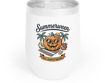 May include: A white stainless steel tumbler with a lid featuring a graphic of an orange pumpkin wearing sunglasses and a hat on a beach towel with palm trees, a ghost float, and a drink, with the text Summerween and Sun, Sand & Spooks.