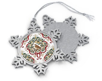 Day 1 Partridge in a Pear Tree Snowflake Ornament | Pewter Christmas Tree Decoration