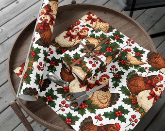 Vintage 12 Days of Christmas 3 French Hens Gift Wrap Papers | Christmas Holly Chicken Wrap