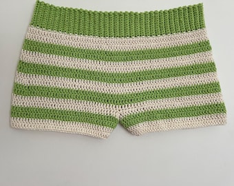 Handmade Crochet Mini Shorts: Cream Green Striped Cotton Y2K