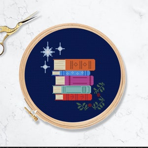 Bookstack cross stitch pattern. Fantasy books stacked booktok reading pdf download
