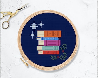 Bookstack cross stitch pattern. Fantasy books stacked booktok reading pdf download
