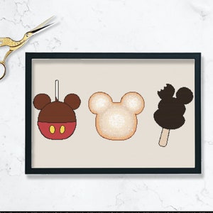 Trio of Treats cross stitch pattern. Carmel apple, beignet, ice cream bar. Digital download