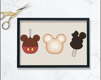 Trio of Treats cross stitch pattern. Carmel apple, beignet, ice cream bar. Digital download