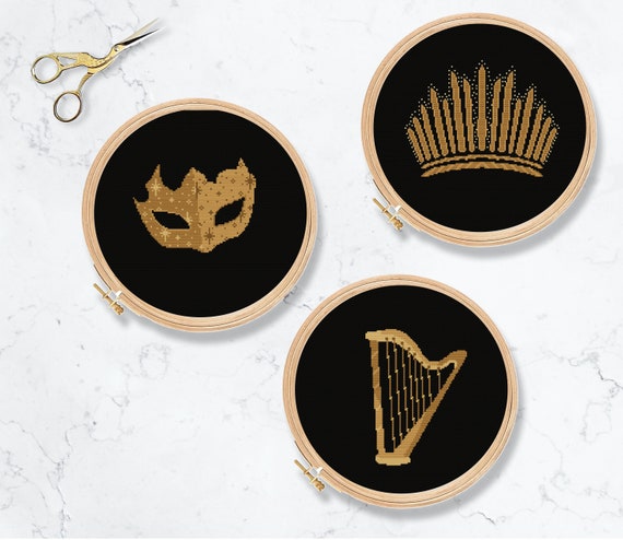The Dead Trove Cross Stitch pattern. ACOTAR, Nesta Archeron, Fantasy book. Mask, Harp, Crown
