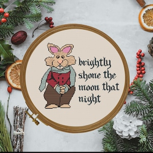 Può includere: Un telaio per punto croce con un coniglio dei cartoni animati con una giacca rossa e una sciarpa blu. Il testo "brightly shone the moon that night" è ricamato in nero. Il telaio è circondato da verde festivo e fette d'arancia essiccate.