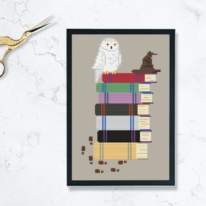 May include: A white owl perched on a stack of colorful books with a brown wizard's hat on top. The books have white pages with black text. There are brown footprints on the beige background.