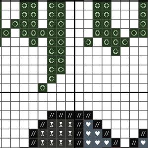 May include: Cross stitch pattern featuring a black and white illustration of a wolf's head with a heart in the centre. The pattern uses black, white, and grey thread.