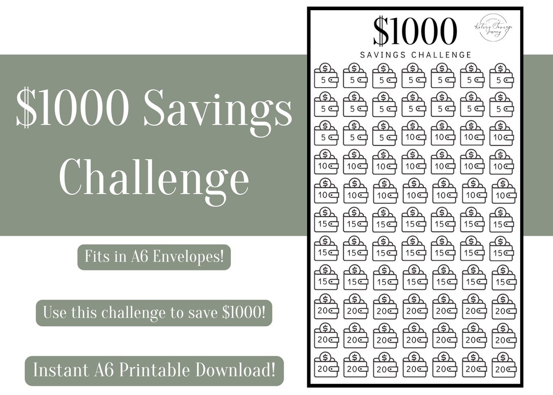1000 Savings Challenge - A6 Printable PDF Download, Cash Envelope, Cash ...