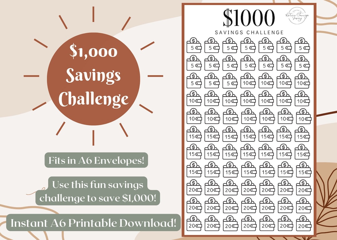 1000 Savings Challenge A6 Printable PDF Download Cash - Etsy