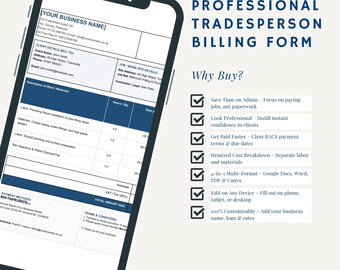 May include: A digital professional tradesperson billing form displayed on a smartphone screen. The document includes sections for business details, client information, work descriptions, hours, rates, and payment terms. Text includes Professional Tradesperson Billing Form, Why Buy, and 4-in-1 Bundle.