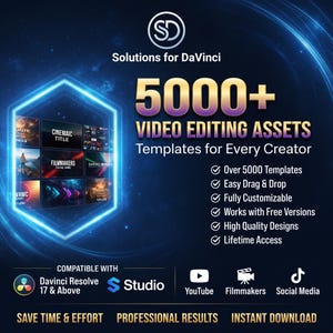 May include: A digital graphic featuring the text 5000+ VIDEO EDITING ASSETS and Solutions for DaVinci. It displays a glowing blue hexagonal frame containing various video template thumbnails against a dark space-themed background with icons.