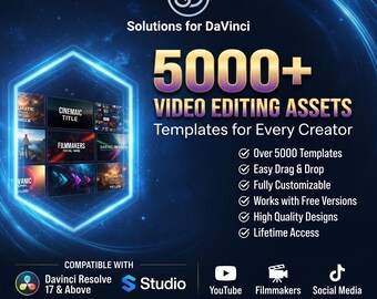 May include: A digital graphic featuring the text 5000+ VIDEO EDITING ASSETS and Solutions for DaVinci. It displays a glowing blue hexagonal frame containing various video template thumbnails against a dark space-themed background with icons.