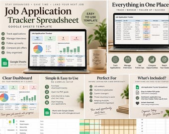 May include: A digital job application tracker spreadsheet template for Google Sheets. The interface displays a dashboard with application statistics, a pie chart, a bar graph, and a detailed log of job titles, companies, statuses, and follow-up dates.