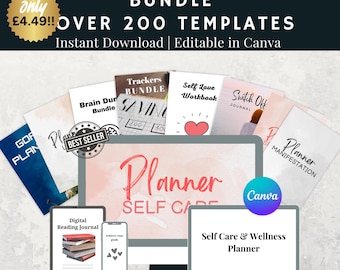 May include: A digital personal development bundle featuring over 200 editable templates for Canva. The collection includes various planner covers and pages labeled as Goal Planner, Brain Dump Bundle, Trackers Bundle, Self Love Workbook, Switch Off Journal, Planner Manifestation, Digital Reading Journal, and Self Care & Wellness Planner.