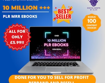 May include: A laptop computer with a bright pink and blue screen displaying the text "Over 10 Million PLR Ebooks 100% Resell". The laptop is on a blue background with the text "Countless Niches Full PLR & MRR License 10 Million +++ PLR MRR Ebooks All For Only £5.99!! Done For You To Sell For Profit Rebrand And Resell" in white text.