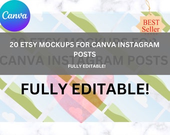 May include: A digital product mockup for Etsy sellers. The image shows a pink heart with a white and gold striped pattern on a blue and green background. The text "20 ETSY MOCKUPS FOR CANVA INSTAGRAM POSTS" is displayed in black text on a gray background. The text "FULLY EDITABLE!" is displayed in black text on a white background. A brown tag with the text "BEST Seller" is in the upper right corner of the image.