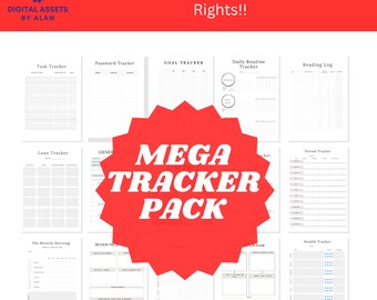 May include: A collection of digital planner templates featuring various trackers including Task, Password, Goal, Daily Routine, Reading, Loan, Period, and Health trackers. The text MEGA TRACKER PACK is displayed in white on a large red starburst shape.