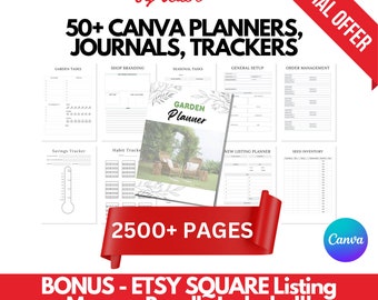 May include: A red banner with the text "SPECIAL OFFER" in white letters. The banner is over a collage of 10 different printable planner pages for Canva. The pages are for a variety of topics, including garden tasks, shop branding, seasonal tasks, general setup, order management, savings tracker, habit tracker, new listing planner, and seed inventory. The text "2500+ PAGES" is in white letters on a red banner. The text "BONUS - ETSY SQUARE Listing Mocups Bundle Included!!" is in white letters on a red banner. The text "GET UP AND RUNNING IMMEDIATELY WITH ALL THE DIGITAL ASSETS THAT YOU NEED" is in black letters on a white background.