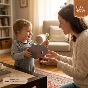 May include: A child smiles while offering a dark brown wooden box with a silver clasp to an adult. The child also holds a small bouquet of white daisies. The image includes the text "BUY NOW" and "THANK YOU FOR YOUR PURCHASE".