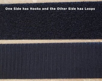 May include: Two strips of black hook and loop fastener tape. One side has hooks and the other side has loops. "One Side has Hooks and the Other Side has Loops" is written in white text on the top strip.