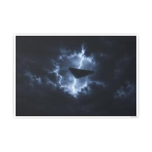 Triangular UFO Poster Print | TR3B in Thunder Storm | Dark UAP Wall Art | Scary UFO Presence | Paranormal Space Decor