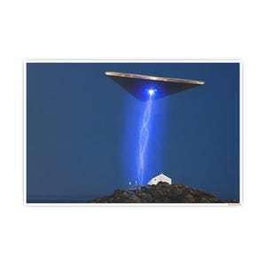 May include: A triangular metallic craft hovers in a dark blue sky, emitting a bright blue beam of light that descends onto a small white building situated on a rocky hill. The scene captures a contrast between the dark sky and the light.