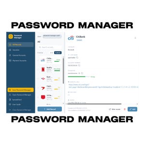 May include: A digital interface for a password manager application featuring a dark blue sidebar with navigation options and a white main panel displaying a list of account records, including a detailed view for a Citibank account entry.