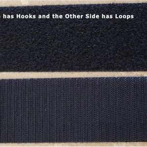 May include: Two strips of black hook and loop fastener. One side has hooks and the other side has loops.  "One Side has Hooks and the Other Side has Loops" is written in white text at the top of the image.