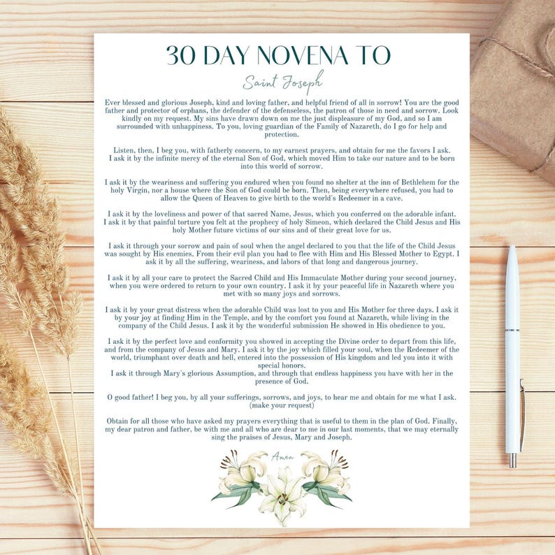 30 Day St. Joseph Novena Prayer, Printable Prayer, Catholic Printable, Catholic Prayer Card ...