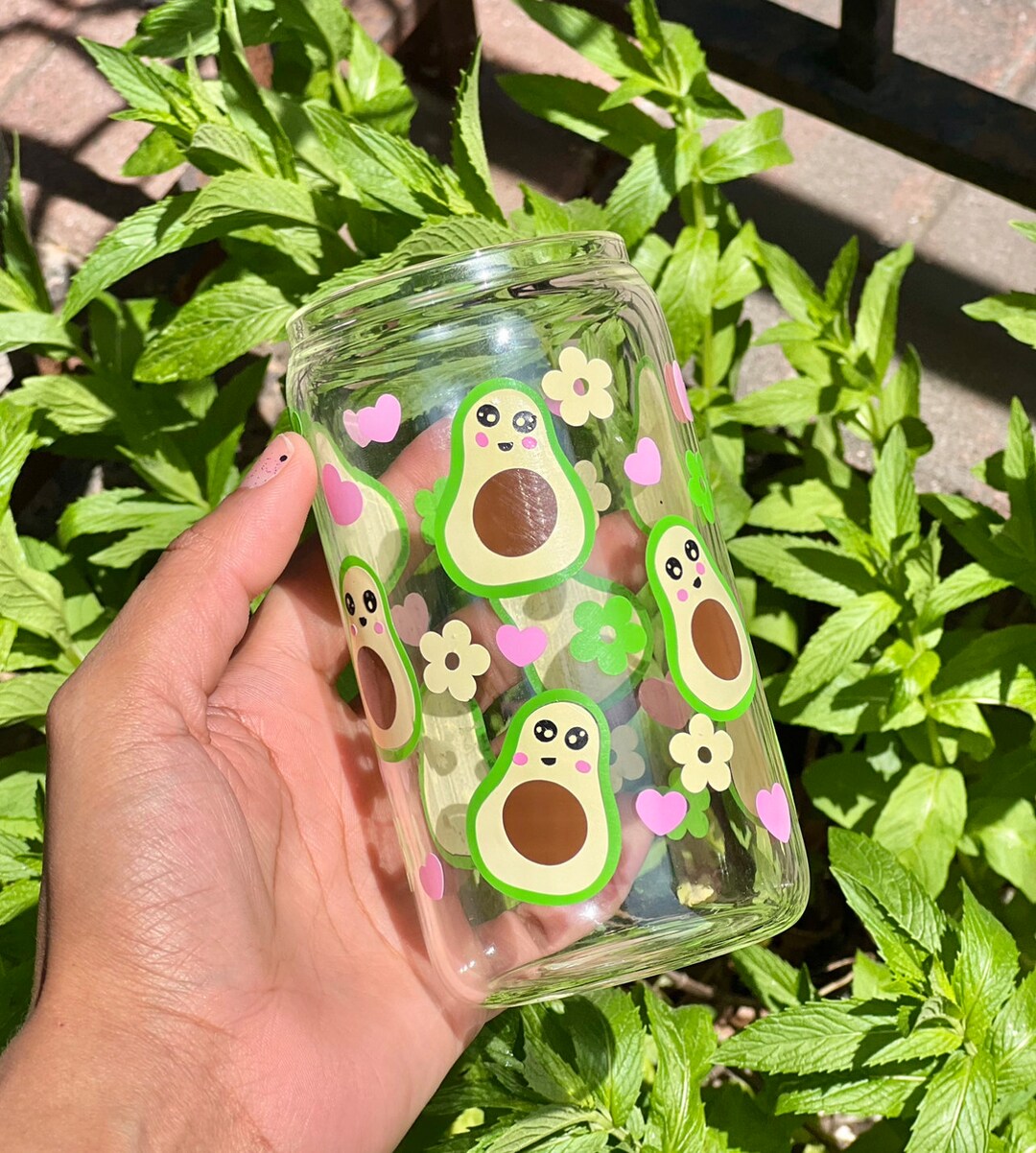 Avocado Daisy Glass Tumbler, Iced Coffee Glass, Retro Flower Iced