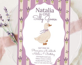 Silly Goose First Birthday Invitation Template | Editable Canva Invite 5x7 Front & Back | Lavender Purple Goose Party Printable