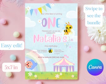 Little Bee Plim Plim Birthday Party Invitation for Kids, First Birthday Party, Circus Colorful Pastel and Little Bee Theme for Baby Girl