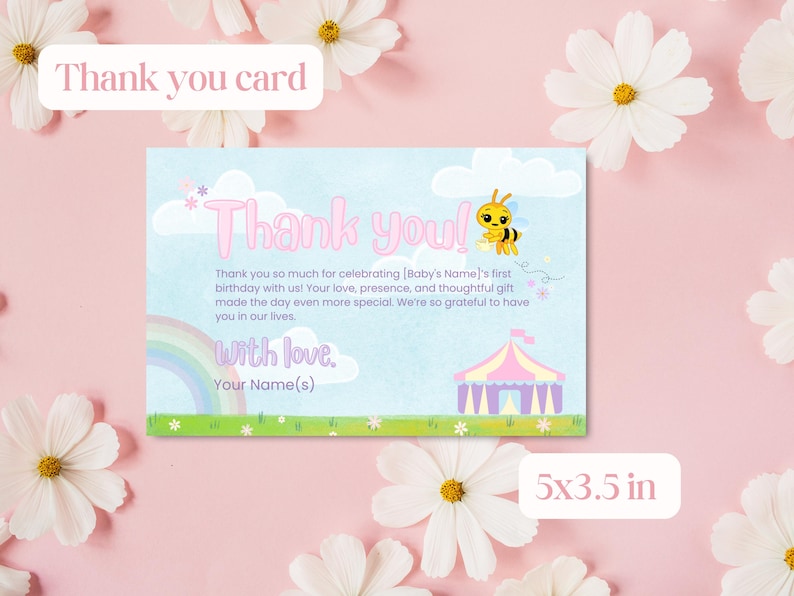 Little Bee Invitation Thank you card Pastel Colors Plim Plim Little Bee Invitation Pastel Colors Plim Plim Theme Birthday Party