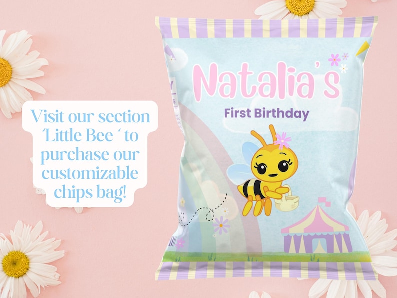 Little Bee Plim Plim Birthday Party Invitation for Kids, First Birthday Party, Circus Colorful Pastel and Little Bee Theme for Baby Girl image 5