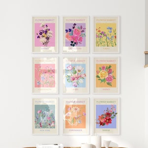 Flower Market Print, Set of 9, Botanical Wall Art, Floral Decor Posters, New York Poster, Paris Print, Custom Wall Art Set, Digital Download