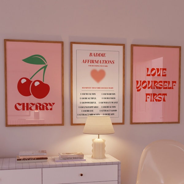 Pink Aura Poster Set, 3er Set Affirmation Poster, Trust Farbverlauf Poster Set, Retro Kirsch Poster, Tägliche Affirmationen, DIGITAL DOWNLOAD