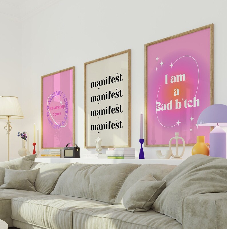 Pink Aura Poster Set, Set of 3 Affirmation Poster, Trust Gradient ...