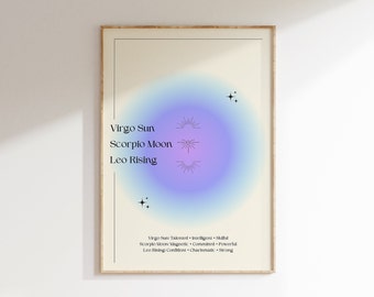 Personalised Astrology Big Three, Zodiac Wall Print, Custom Star Sign Printable Art, Spiritual Aura Art, Gradient Print, Printable Wall Art