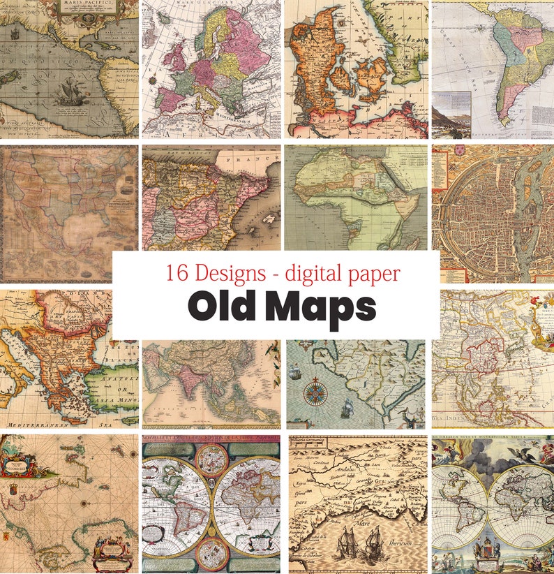 Old Map Style Digital Paper Atlas Backgrounds 16 Designs PNG Use ...