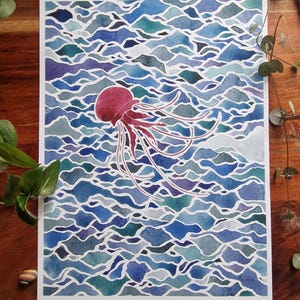 Impression d'art "Méduse pourpre" Peinture aquarelle abstraite. Illustration, art animalier, décoration intérieur, cadeau