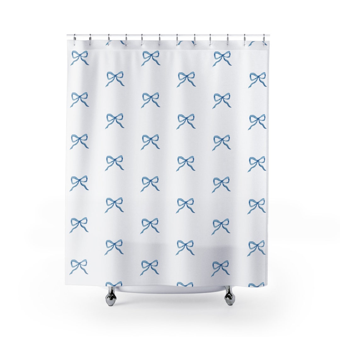 Blue Bow Ribbon Shower Curtain, Coquette Bathroom Decor, Preppy Chic
